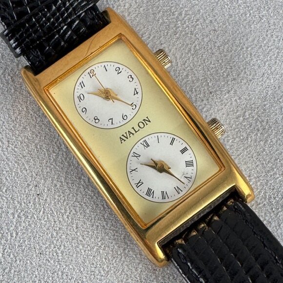 Vintage Gold Avalon Watch Dual Time Coveture Case and Minerial Crystal